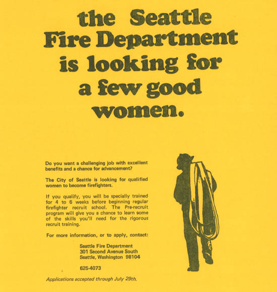 yellow recruitment flyer for women in the Seattle fire department