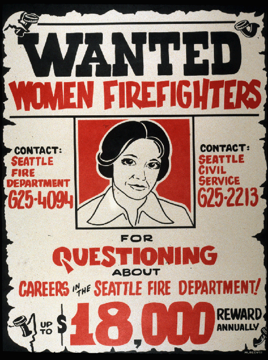 Recruitment poster for women fire fighters from the 70s