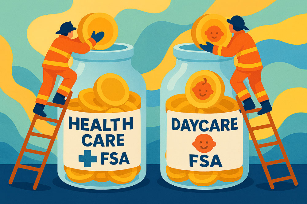 Two fire fighters climbing change jars. One for Healthcare and the other for daycare
