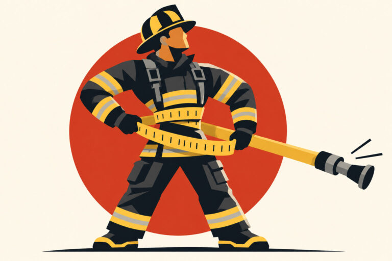 Illustration of a firefighter with a tape measure like a fire hose wrapped around his waist.