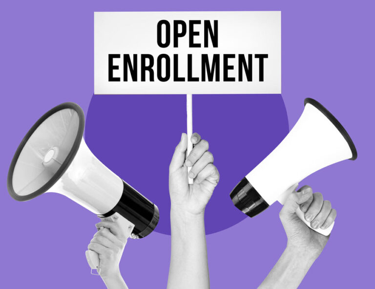 Purple open enrollment sign with hands and megaphones