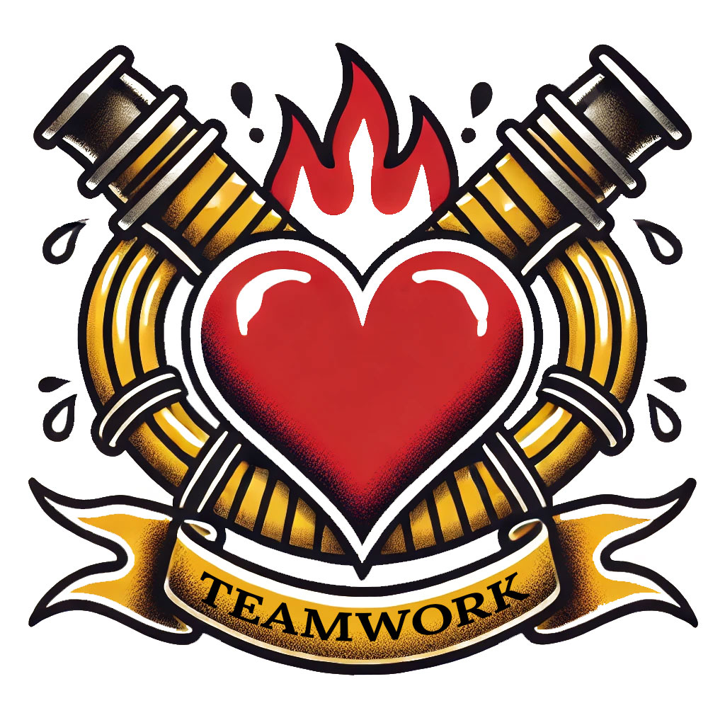 two fire hoses surround a heart on fire to convey teamwork.